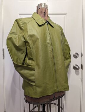 Worthington Genuine Leather Jacket Womens XL Bud Green Olive Zip Front Fall Coat